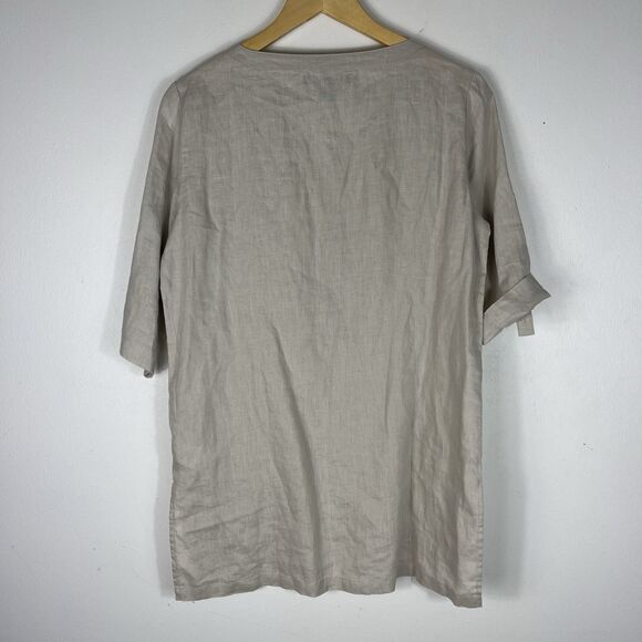 Ellen Tracy Tan 100% Linen Tunic Sm Lagenlook Boho Roll Tab Sleeve Quiet Luxury - Picture 4 of 12